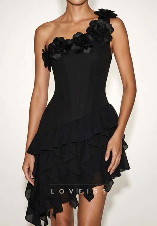 One Shoulder 3D Flower Corset Ruffle Tiered Dress