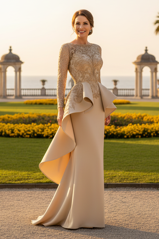 Lace Long Sleeve Column Gown with Cascading Peplum