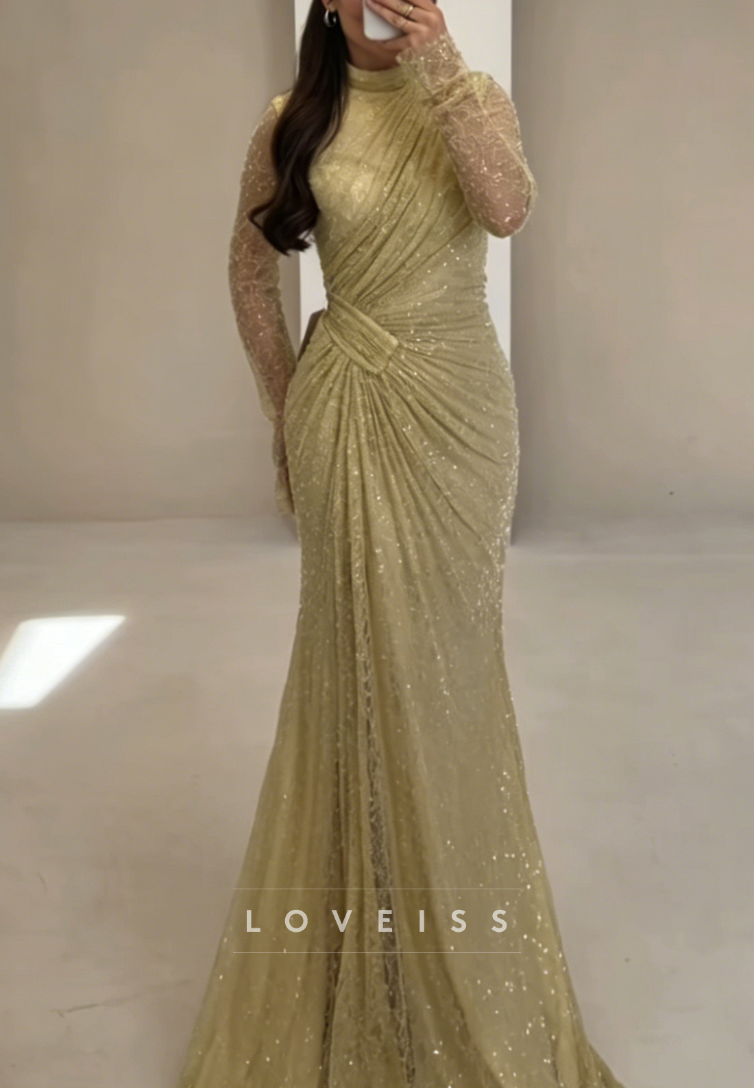 High-Neck Ruched Long Sleeve Evening Gown