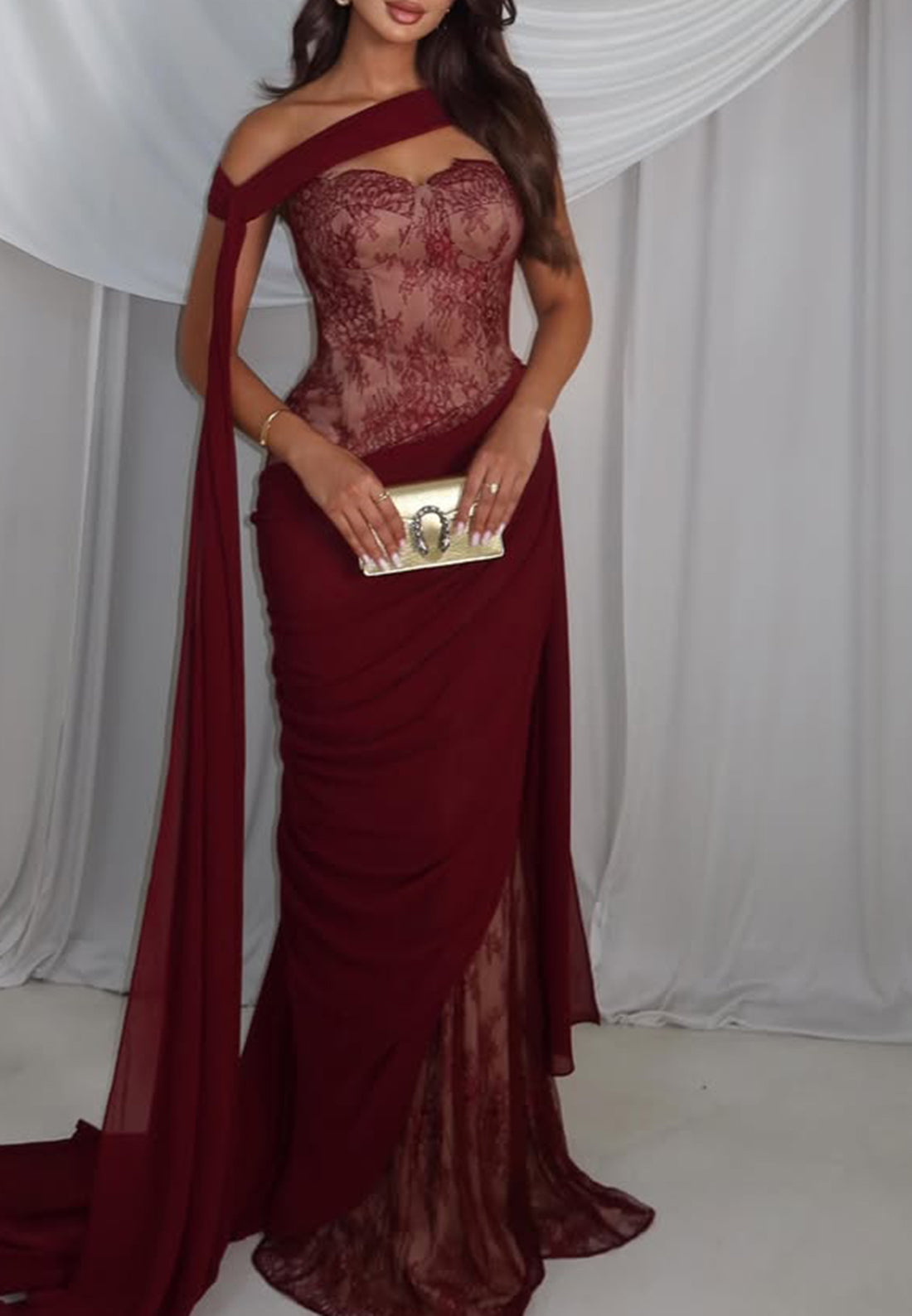 Lace Corset Evening Gown with Draped Scarf