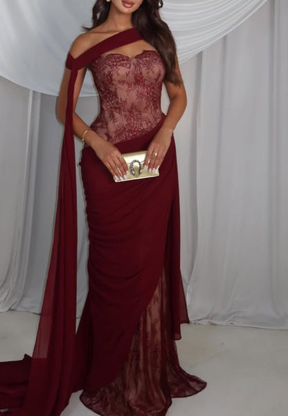 Lace Corset Evening Gown with Draped Scarf