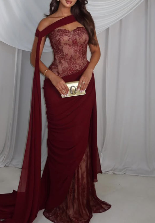 Lace Corset Evening Gown with Draped Scarf