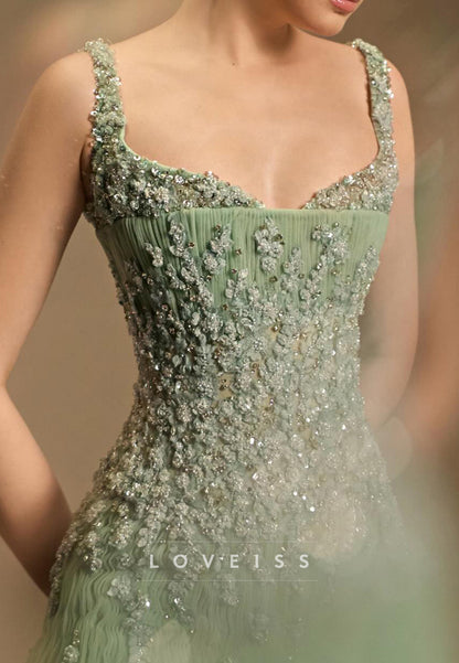 Beaded Floral Applique A-Line Tulle Evening Gown