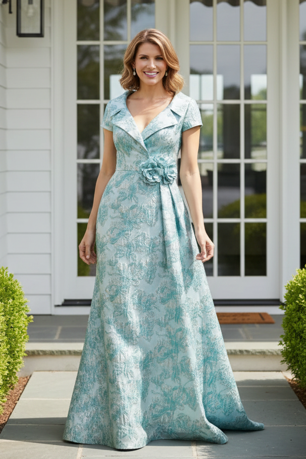 Floral Jacquard A-Line Evening Gown with Cap Sleeves