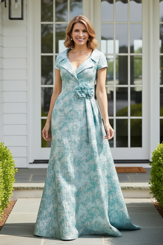 Floral Jacquard A-Line Evening Gown with Cap Sleeves