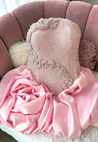 Strapless 3D Flower Beaded Satin Ball Gown
