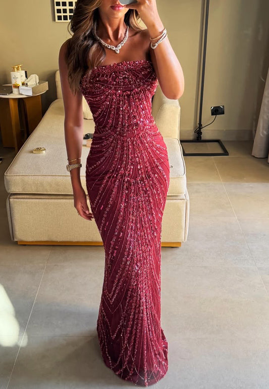 Strapless Beaded Sequin Embellished Evening Gown