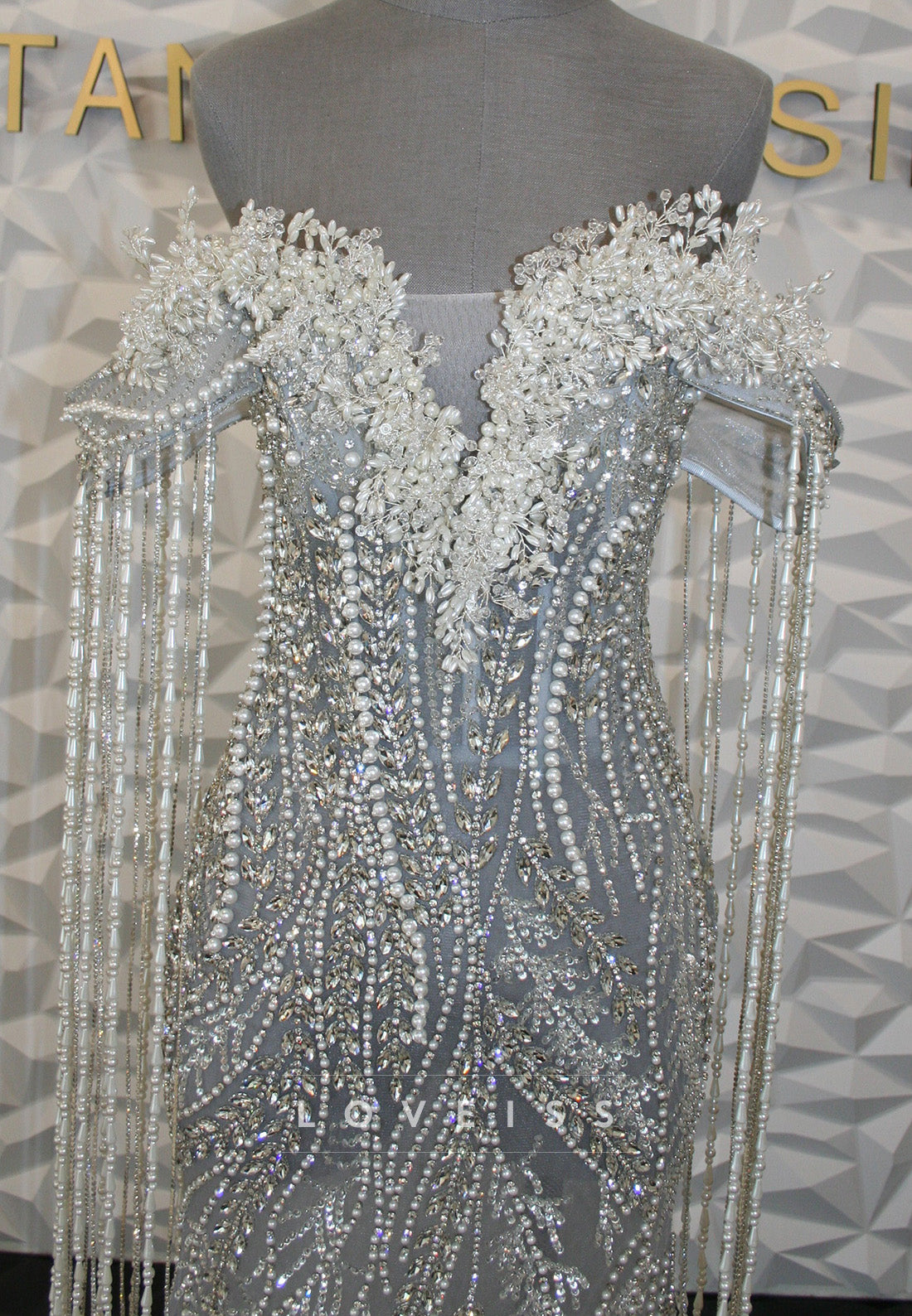 Beaded Fringe Off-the-Shoulder Gown