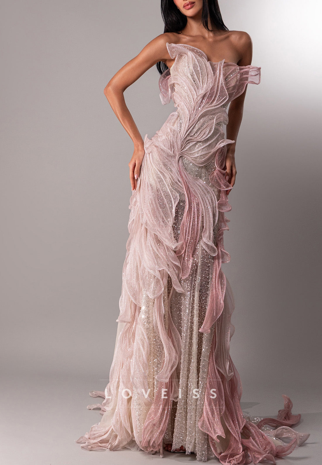 Sculptural Ruffle Strapless Column Evening Gown