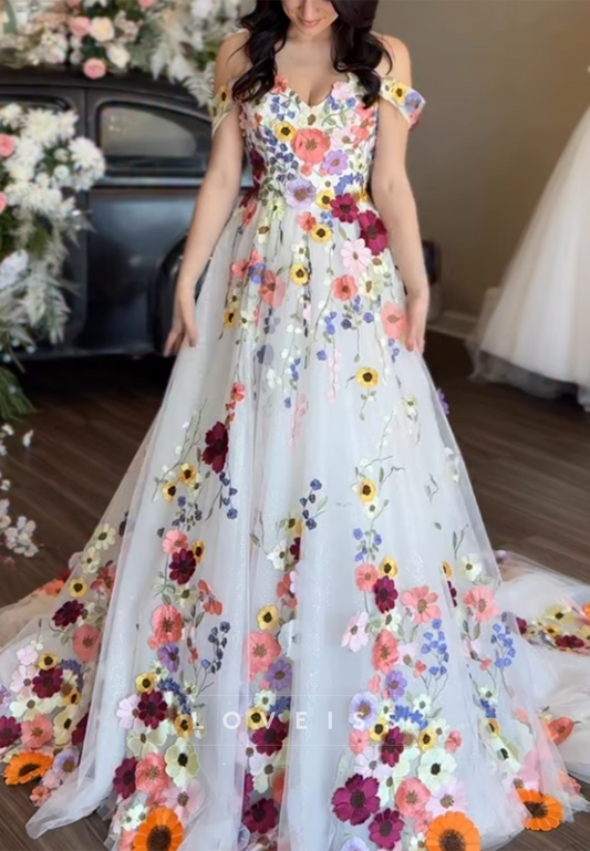 Off-the-Shoulder 3D Floral A-Line Wedding Dress