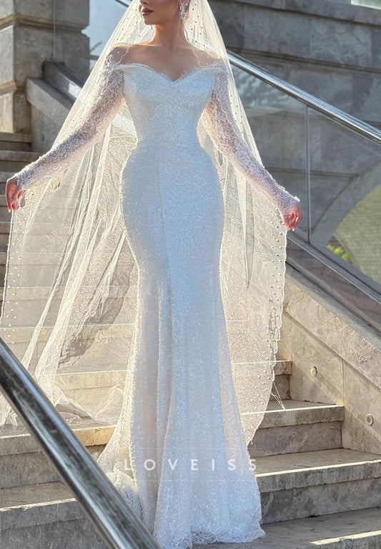 Long Sleeve Lace and Pearl Mermaid Bridal Gown