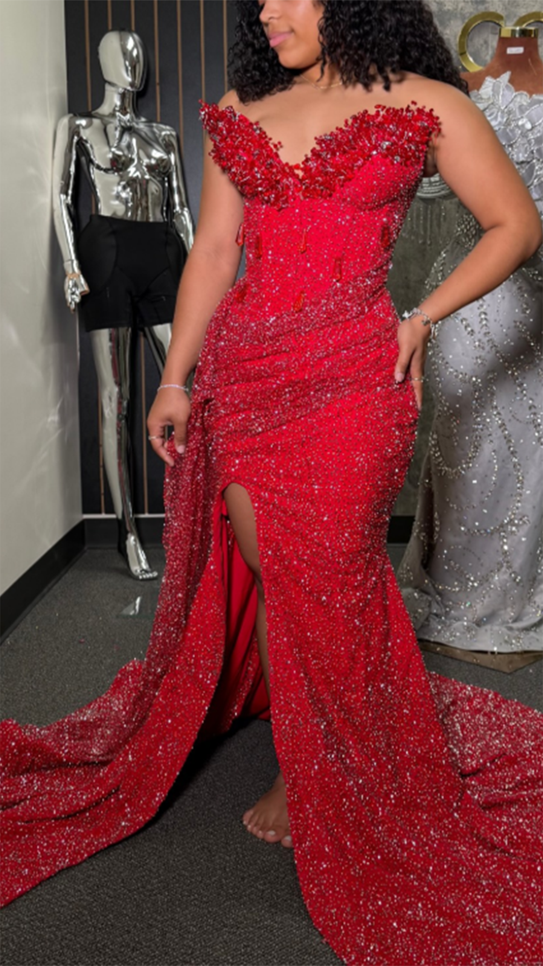 Beaded Sweetheart Gown with Slit & Train