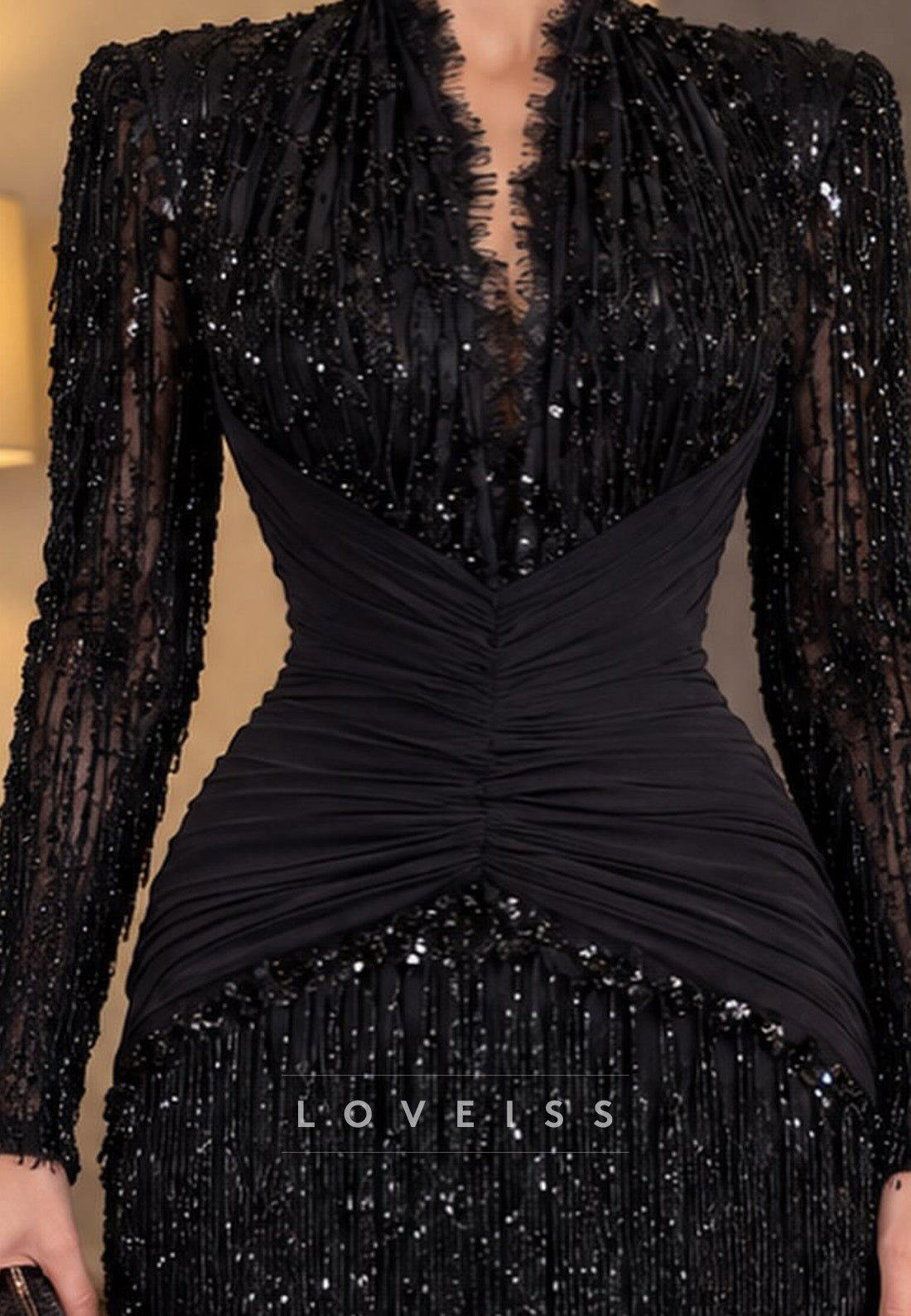 Sequined Long Sleeve Gown with Ruched Waist