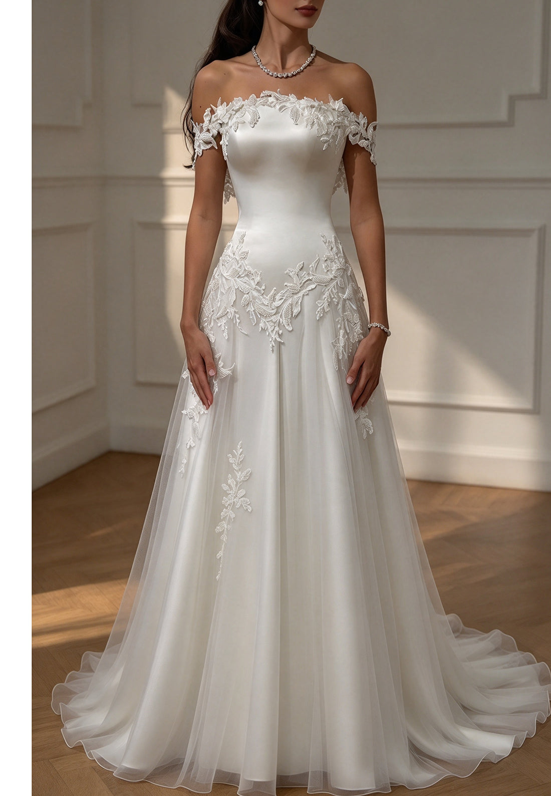 Off-the-Shoulder Lace Applique Wedding Gown