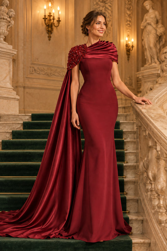 Beaded Shoulder Cape Evening Gown