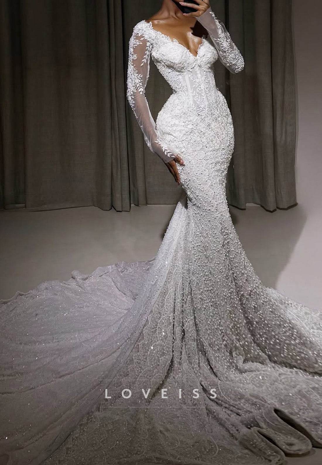 Beaded Mermaid Wedding Dress with Sheer Sleeves