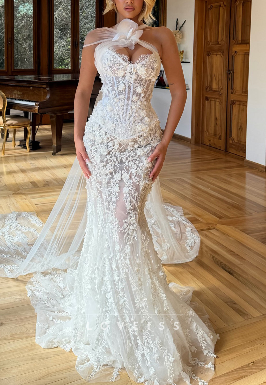 Corset Mermaid Wedding Dress with Halter Neck & Train