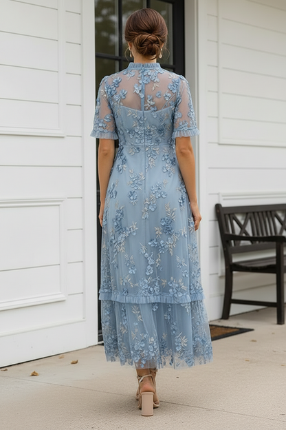 3D Floral Applique High Neck Tiered Midi Dress