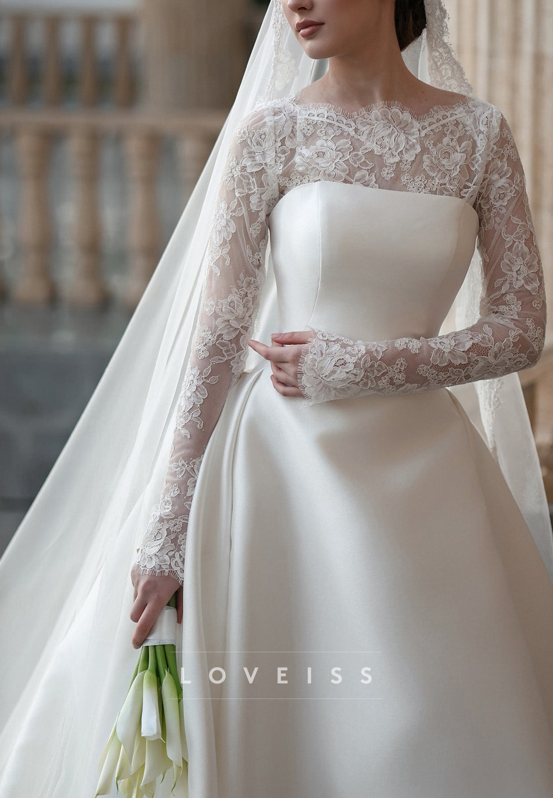 Lace Long Sleeve Satin A-Line Wedding Dress