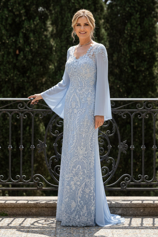 Embroidered V-Neck Evening Gown with Sheer Sleeves