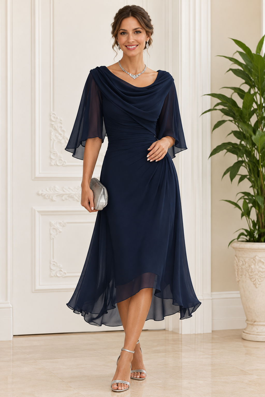 Cowl Neck Ruched Dress with Flutter Sleeves