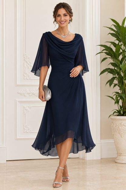 Cowl Neck Ruched Dress with Flutter Sleeves