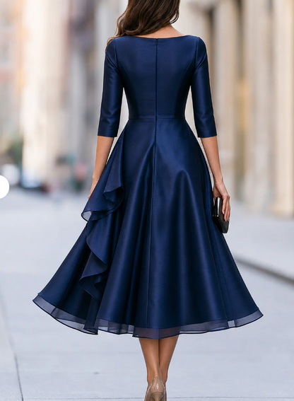 Satin A-Line Tea-Length Dress with Cascading Ruffles