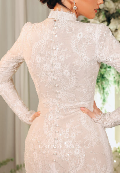 High Neck Long Sleeve Sequin Lace Wedding Dress