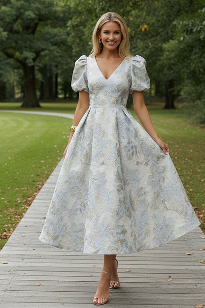 Puff Sleeve Jacquard Midi Dress