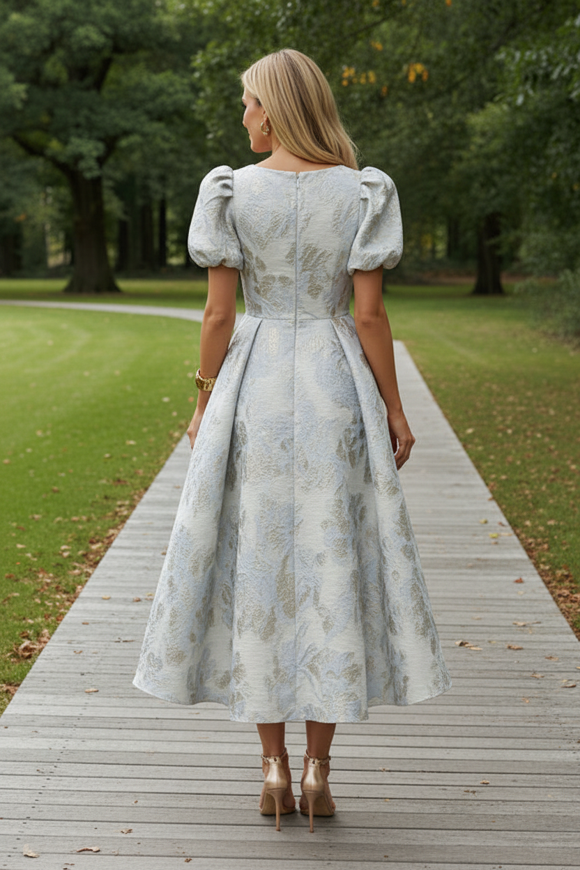 Puff Sleeve Jacquard Midi Dress