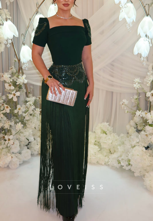 Beaded Fringe Cap Sleeve Evening Gown
