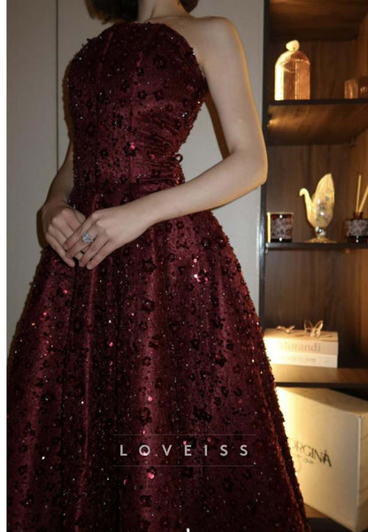 Sequin-Embellished Strapless Ball Gown