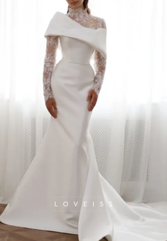 Asymmetric High Neck Lace Mermaid Wedding Dress