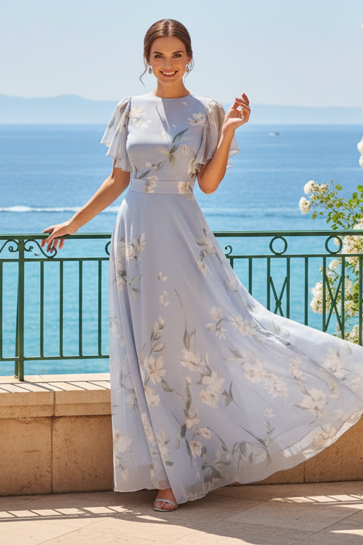 Floral Print Flutter Sleeve A-Line Maxi Dress