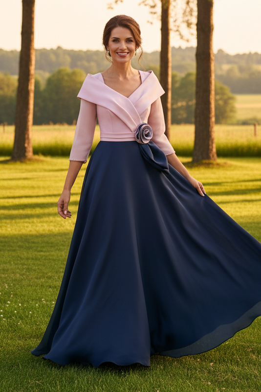 Off-The-Shoulder Tea-Length Gown with 3D Flower