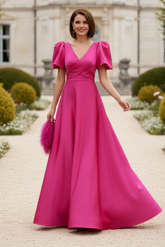 Elegant V-Neck A-Line Puff Sleeve Satin Evening Dress