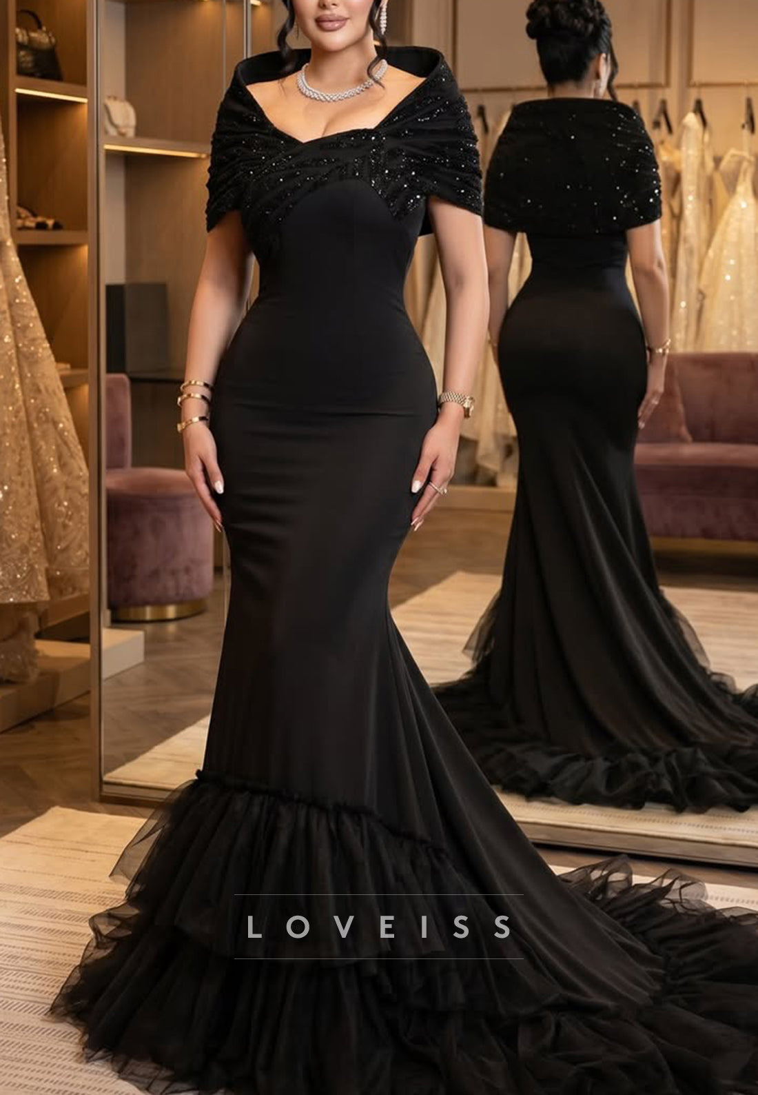 Off-Shoulder Sequin Wrap Mermaid Evening Gown