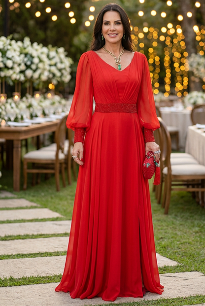 V-Neck Bishop Sleeve A-Line Evening Gown