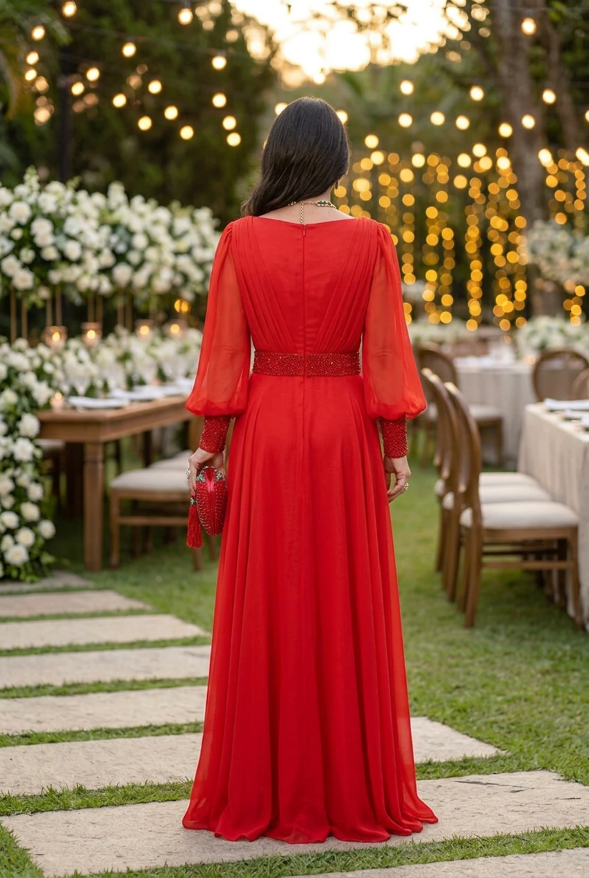 V-Neck Bishop Sleeve A-Line Evening Gown
