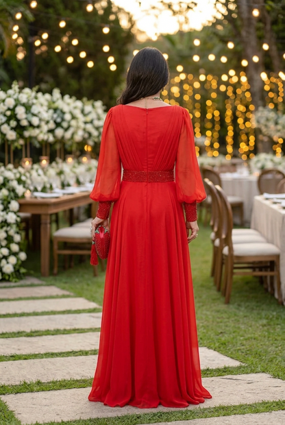 V-Neck Bishop Sleeve A-Line Evening Gown
