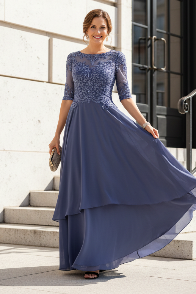 Illusion Lace Applique Tiered High-Low Evening Gown