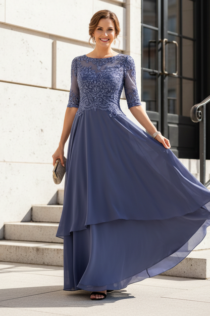 Illusion Lace Applique Tiered High-Low Evening Gown