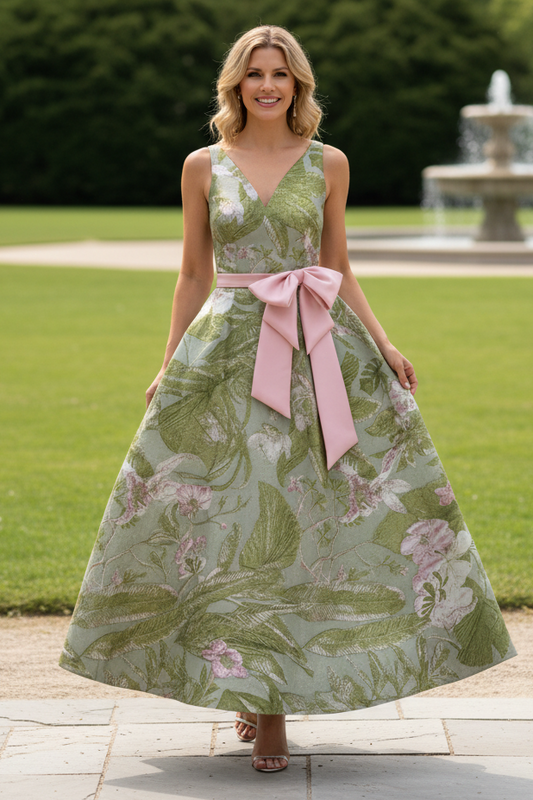 Floral Jacquard V-Neck A-Line Dress with Bow Sash