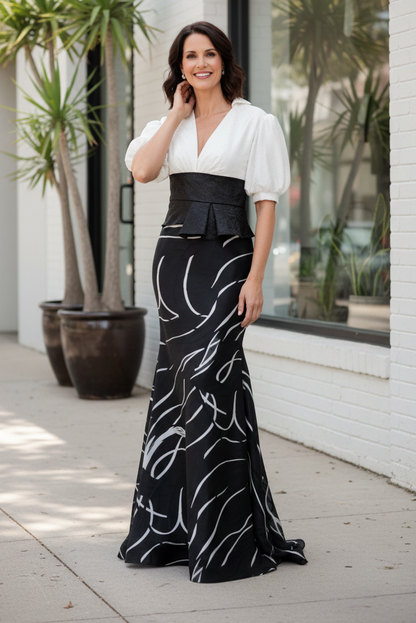 Deep V-Neck Mermaid Evening Gown with Puff Sleeves