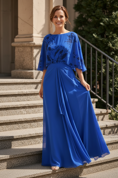 Bateau Neck Chiffon Gown with Capelet