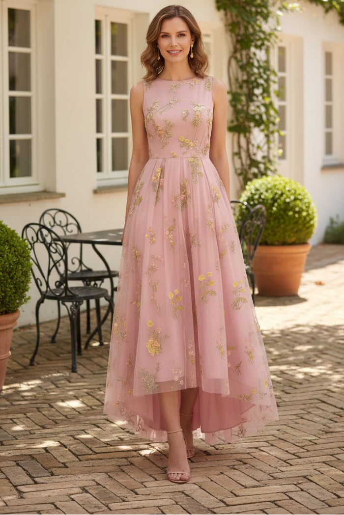 Floral Embroidered Tulle High-Low Sleeveless Dress