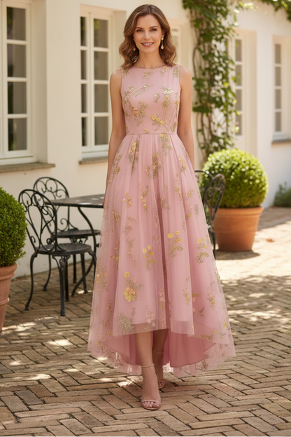 Floral Embroidered Tulle High-Low Sleeveless Dress