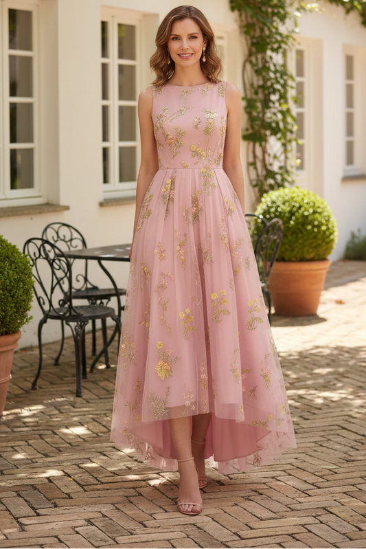 Floral Embroidered Tulle High-Low Sleeveless Dress