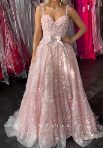 3D Floral Sequin Tulle A-Line Gown