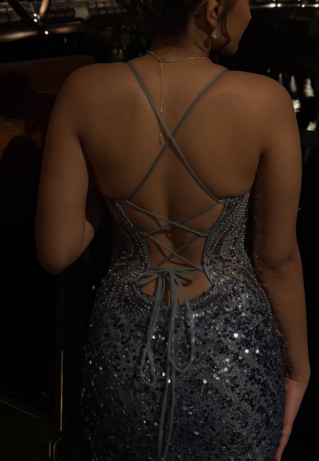 Sequin V-Neck Lace-Up Back Gown with Slit